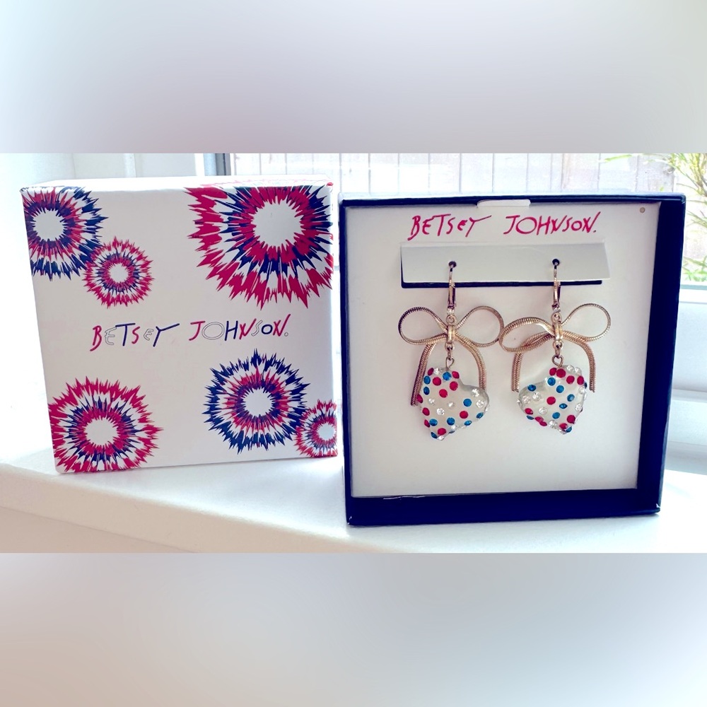 Betsey Johnson Patriotic Gold Bow Heart with Red, Blue, Clear Crystal Earrings